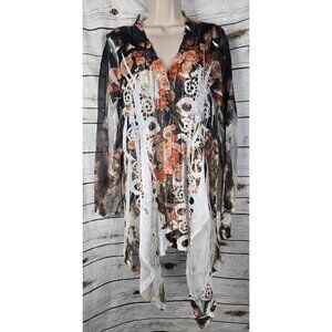 Anis A Floral Mixed Media Tunic Top L Sheer Chiffon and Knit Artsy Asymmetrical